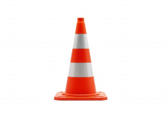 Orange traffic cone with white stripes isolated on a transparent background