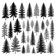 Obraz premium Grayscale illustration of various evergreen trees, all standing together