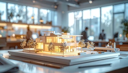 Architectural Model on Table with Blurred Office Background in Bright Lighting