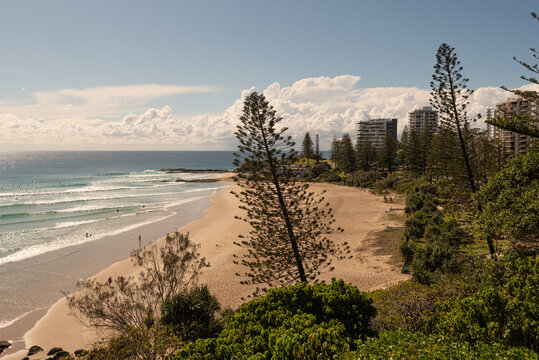 Rainbow Bay Beach viewed from the northern lookout. Gold Coast, Queensland, Australia. Surfing location of Snapper Rocks at the far end of the beach. 