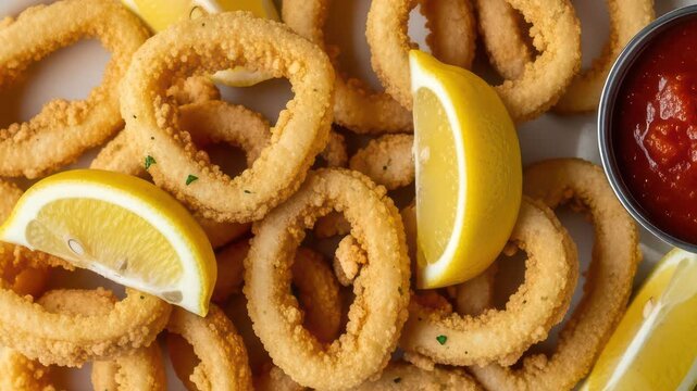 Crispy fried calamari rings with lemon and marinara sauce