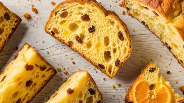Delicious panettone slices with raisins and orange zest on a wooden table