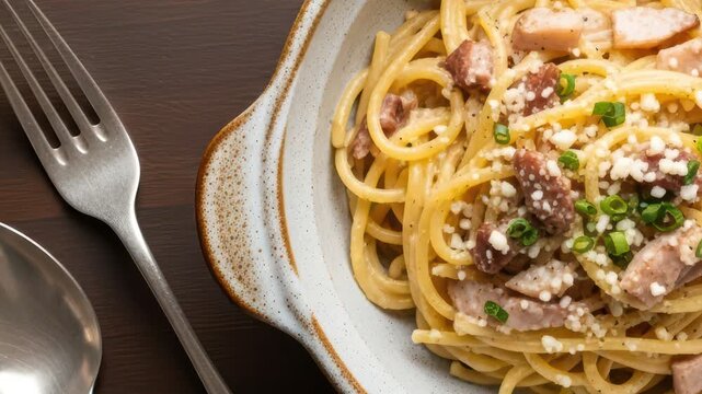 Delicious spaghetti carbonara with bacon and green onions