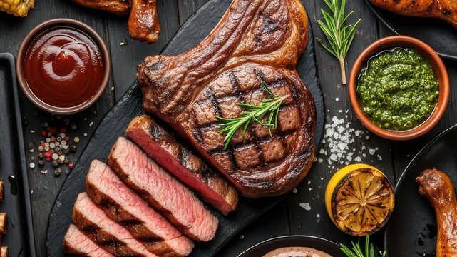 Juicy grilled tomahawk steak with chimichurri and ketchup
