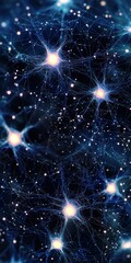 Neural network connections on dark background with glowing stars at each center, highly detailed and realistic high resolution tech concept.