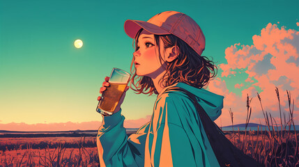 夕方に外でビールを飲む女性
