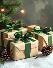 Christmas Gifts with Green Ribbons and Pine Cones.