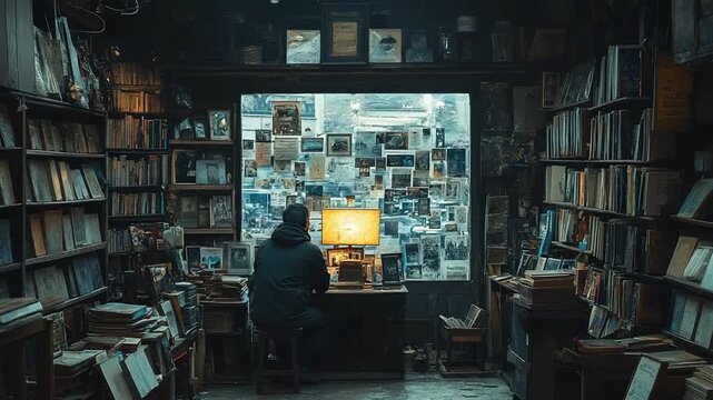 Person working in a library with many books and a computer.