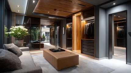 Elegant modern entryway with stylish seating and organized closet area featuring warm wood tones and serene greenery