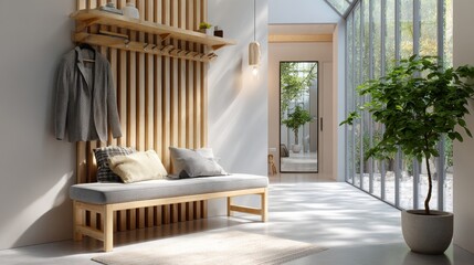 Modern interior design featuring a wooden bench and plants in a bright space with natural light