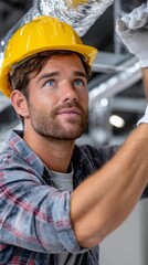 Construction worker adjusts ceiling fixtures in a modern building under bright indoor lights