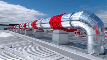 Metal ducts on a commercial building roof with a contrasting red color under a clear blue sky