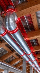 Modern industrial design with illuminated metal pipes in a construction site ceiling