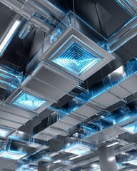 Modern ceiling design featuring illuminated panels in an industrial space