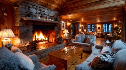 Cozy living room with a stone fireplace and warm lighting during winter evening gathering