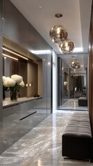 Modern hallway with elegant decor, stylish lighting, and floral arrangements in a contemporary building