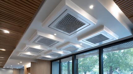 Modern ceiling design featuring sleek air vents and large windows in a contemporary interior space