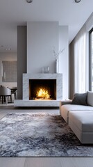 Cozy modern living room with a fireplace and soft furnishings in a stylish home setting