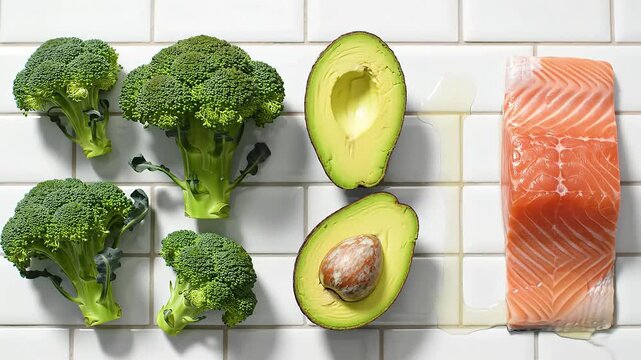Nutritious Meal Preparation Ingredients Fresh Broccoli Ripe Avocado Halves and Raw Salmon Fillet Rich in Omega 3 on a White Tiled Surface