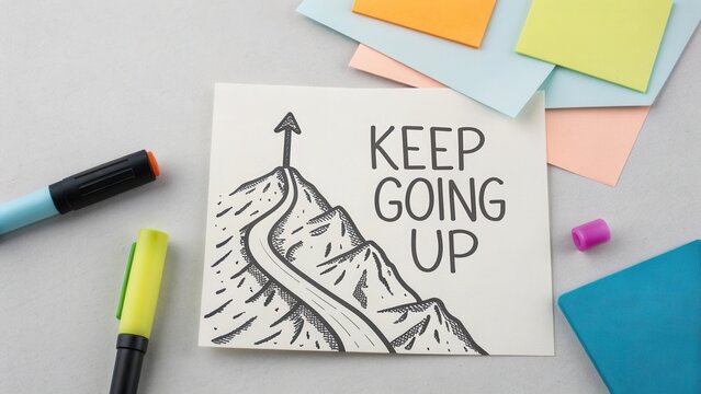 Motivational Illustration of Mountain Road with Arrow and Phrase "Keep Going Up" Surrounded by Colorful Sticky Notes - Powered by Adobe