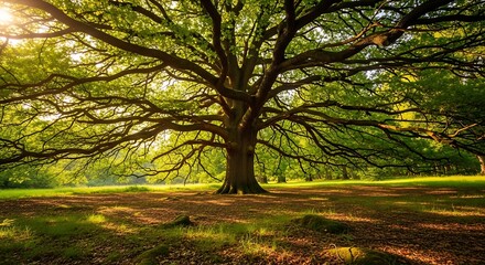 Fototapeta premium Majestic ancient oak tree with sprawling branches in a sunlit forest clearing.