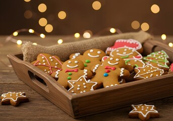 Festive gingerbread cookies shaped like people and stars, decorated with icing, arranged on a rustic tray with warm, cozy lighting for National Gingerbread Cookie Day.