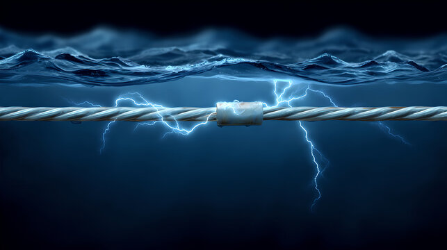 A damaged underwater power cable dangerously leaks blue electricity into the dark ocean.