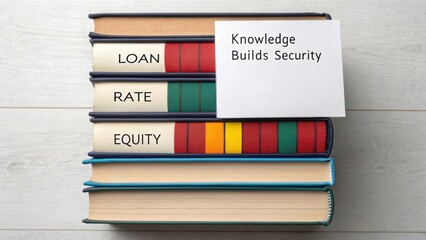 Stacked Books on Finance Concepts with a Sign Emphasizing Knowledge as a Key to Security in Personal Finance Strategy