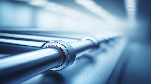 Close-up on roller bearings and stainless steel rollers of a precision industrial conveyor system.
