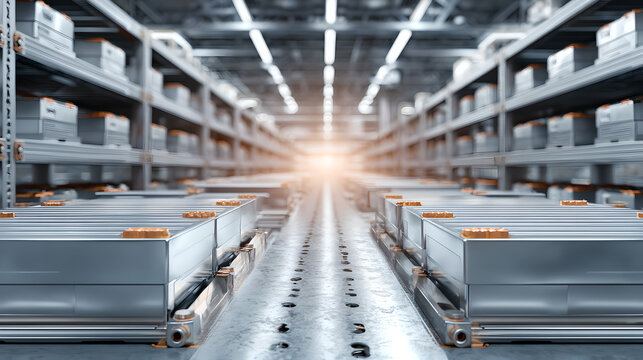 Industrial warehouse aisle with battery packs moving down a central conveyor between tall shelving.
