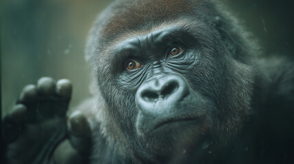 Obraz premium Close Up Portrait of Gorilla Behind Glass in Zoo Habitat