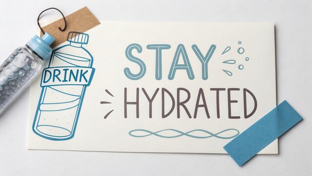 Creative illustration promoting hydration with a water bottle and motivational text for wellness and fitness enthusiasts