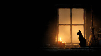 Black Cat Sitting on Witch's Broomstick By Candles Near Window Glowing in Darkness with Shadows of Enchantment and Mystery in a Magical Scene