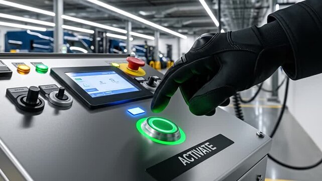 A gloved hand expertly presses the glowing green 'Activate' button on a sophisticated industrial control panel, initiating critical operations within a modern automated manufacturing environment