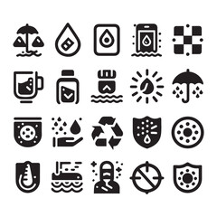 Set of 20 black glyph icons illustrating weather resistance, protection, and environmental symbols on a white background