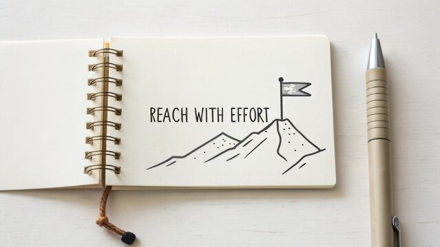 Inspirational message about achieving goals with perseverance and determination in a notebook with pen and mountain illustration