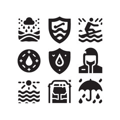 Set of black glyph icons illustrating weather protection, water resistance, and outdoor activities