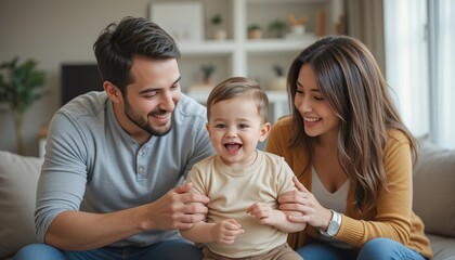 Happy family spending joyful time together at home, smiling parents playing with their baby in a bright living room filled with warmth and love