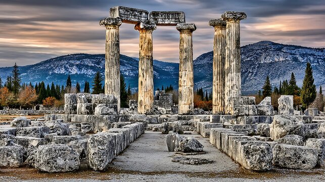 Ancient greek temple ruins with corinthian columns and stone structures under a dramatic cloudy sky with mountains in the background