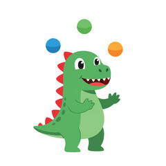 Fototapeta premium Friendly green cartoon dinosaur with big eyes and red spikes on its back joyfully juggles colorful spheres in a playful, simplistic flat design.