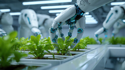 Robotic Arms Tending to Vibrant Green Plants in a Modern Agricultural Setting with Advanced Technology and Automated Care Systems