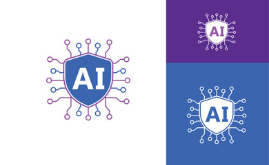 AI Artificial Intelligence Shield Logo with Circuit Board Elements.