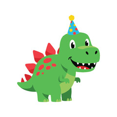 Fototapeta premium A cute green cartoon stegosaurus wearing a blue and yellow party hat, with red plates on its back and red spots, smiling.