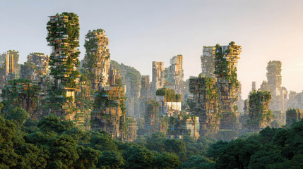 Futuristic City Skyline with Lush Vegetation Blending Seamlessly into Nature at Sunrise in a Beautiful Urban Environment