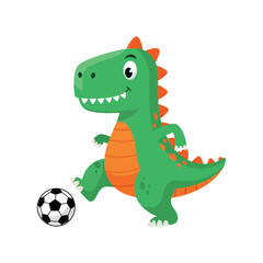 Fototapeta premium A cute cartoon green dinosaur playing soccer with a black and white soccer ball.