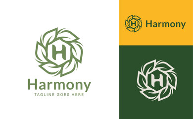 Green Leaf Wreath Letter H Harmony Logo Design.
