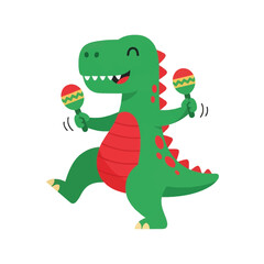 Obraz premium Joyful cartoon T-Rex dinosaur dancing and playing maracas with vibrant colors and a whimsical, playful, flat design style, perfect for children's parties and music themes.