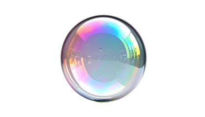 Iridescent soap bubble, clear with rainbow reflections on black background