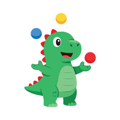 Fototapeta premium Cute green cartoon dinosaur character happily juggling three colorful balls, a playful illustration on a white background.