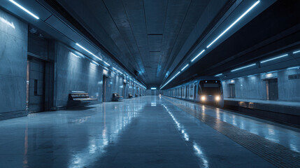 Obraz premium Futuristic Empty Metro Station Surrounded by Cool White LED Lights Reflecting on a Polished Floor in a Modern Urban Environment